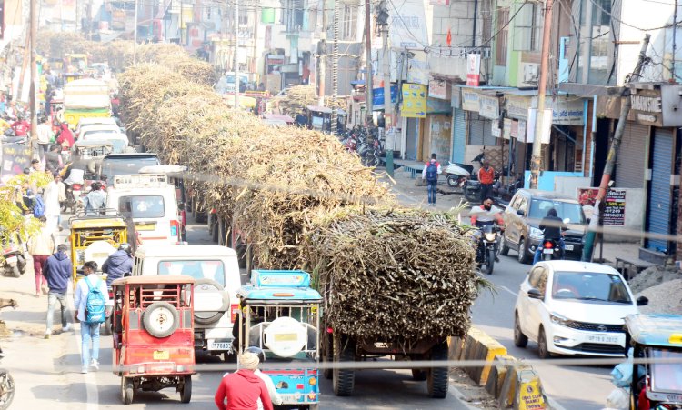 चालू नहीं हो सका मिल, शहर में गन्नों के वाहनों की लगी रही लाइन साप्ताहिक बंदी के चलते शहर में ज्यादा नहीं दिखा जाम